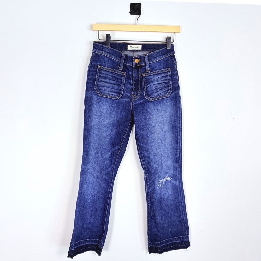 Madewell Cali Demi Boot Jeans Dark Wash Women's Size 26 Ripped‎ Knee Frayed Hem